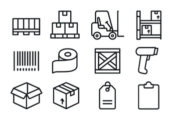 Warehouse Icon Grid. Outline icon set of warehouse storage: pallet, stacked boxes, forklift, shelf, barcode,