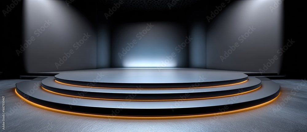Poster empty stage auditorium minimalist concept. empty stage with circular platforms and dramatic lighting