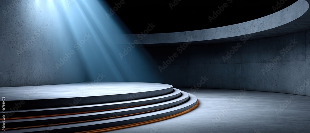 Poster empty stage auditorium minimalist concept. empty stage with dramatic lighting and circular platform 