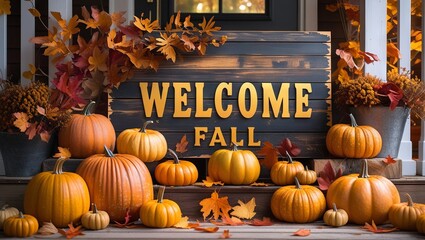 Autumn decor with a wooden "Welcome Fall" sign, adorned by pumpkins and vibrant leaves, creating a warm and cozy seasonal vibe
