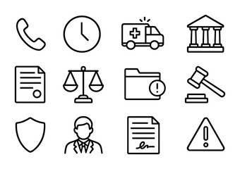 Fototapeta premium Emergency Legal Icons. Outline icon set of emergency legal teamwork: phone, clock, ambulance, courthouse,