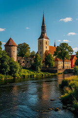 Naklejka premium A picturesque view of a historic European church and medieval tower reflected in a calm river, surrounded by greenery under a clear blue sky.
