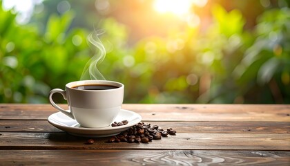 Obraz premium Morning Coffee, Warm Sun, Fresh Brew, Outdoor Relaxation