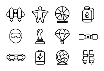 Personal Flight Icons. Outline icon set of jetpacks and personal flyers: jetpack, wingsuit, propeller, fuel