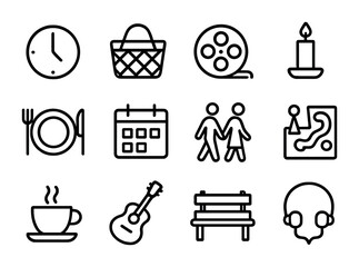 Quality Time Icons. Outline icon set of quality time: clock, picnic basket, movie reel, candle, dinner plate,