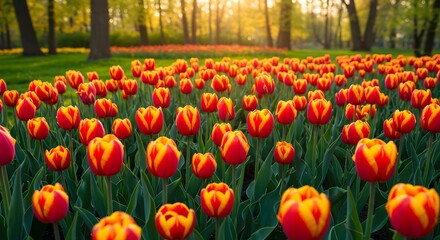 Vibrant field of red and yellow tulips blooming under warm sunlight