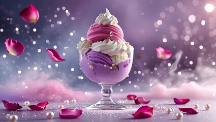 A refined glass dessert cup contains pastel ice cream scoops in lavender, pink, and cream tones, crowned with whipped cream swirls and adorned with small pearl-like decorations