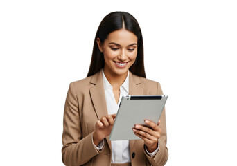 Photo of smiling young businesswoman using tablet isolated on transparent background