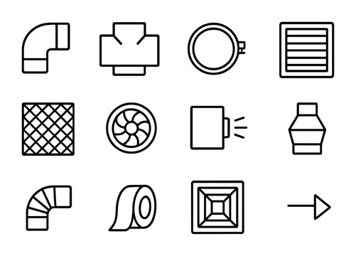 Ductwork Icon Set. Outline icon set of ducting and ventilation parts: duct elbow, T-joint, duct clamp, vent