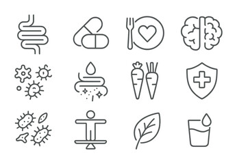 Gut Health Icons. Outline icon set of gut health: intestine, probiotic capsule, healthy diet plate, microbiota