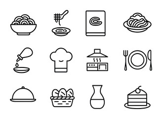 Pasta Menu Icons. Outline icon set of pasta restaurant menu: pasta bowl, fork icon, menu cover, pasta dish