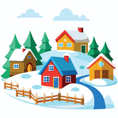 Naklejka premium Small Village With Snow Covered Fences