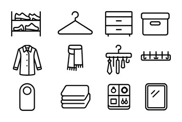 Closet Organization Icons. Outline icon set of closet organization: shoe rack, hanger, drawer, storage box,