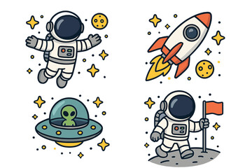 Set of cute space exploration cartoon vector icons. Astronaut floating, planting flag on moon. Rocket ship launch. Alien in UFO. Cosmic character collection for kids design.
