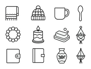 Handmade Goods Icons. Outline icon set of handmade goods: knitted scarf, crochet hat, pottery mug, wooden