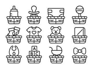 Baby Shower Icons. Outline icon set of baby shower baskets: baby bottle, pacifier, diaper, rattle, baby socks,