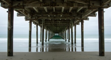 View underneath a weathered wooden pier reaching towards the horizon