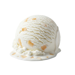 Pristine, creamy white coconut ice cream scoop with visible flakes melting into a puddle, isolated on seamless transparent background with professional studio lighting, delectable food concept