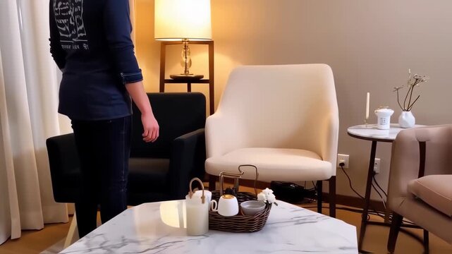 A modern interior scene featuring a person, furniture, and decorative items