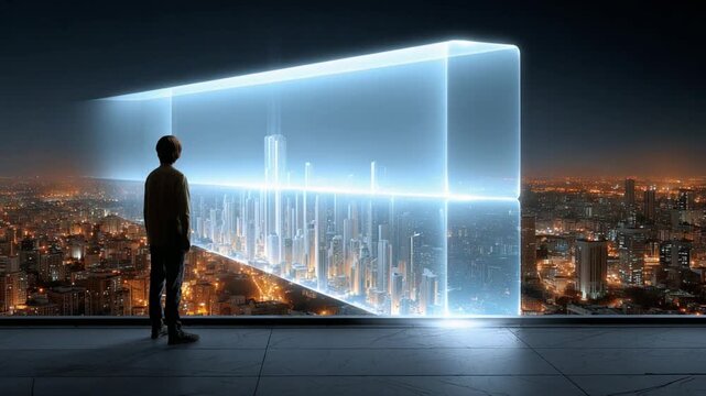 A Glimpse into the Future: An individual stands before a futuristic, transparent interface showcasing a dynamic city skyline, representing technological advancement and visionary outlook.