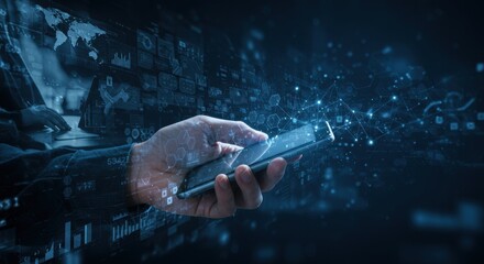 Hand holding smartphone with digital data flowing out into the dark