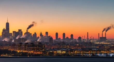Obraz premium City skyline at sunset with buildings and smoke stacks releasing steam. Urban heating system concept, power plant operation, pollution danger.