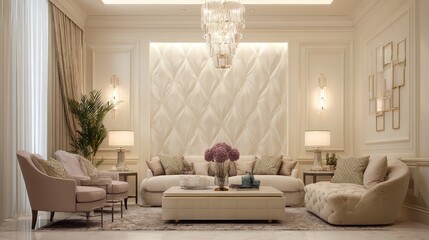 Fototapeta premium Elegant living room with light colors, featuring a large sofa and decorative lighting