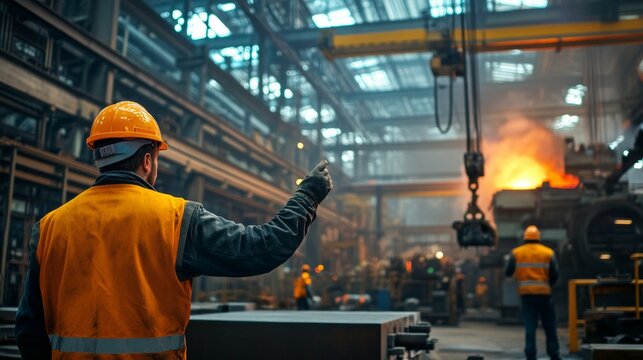 Industrial worker directing operations manufacturing plant action scene dynamic environment focused viewpoint safety and efficiency concept