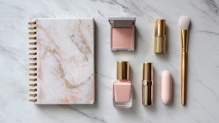 Pastel pink makeup & notebook on marble