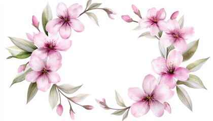 wreath of blossom pink cherry flowers in watercolor. Duo circlet of bloom rose color prunus flora in aquarelle botanical illustration springtime motif delicate petal floral