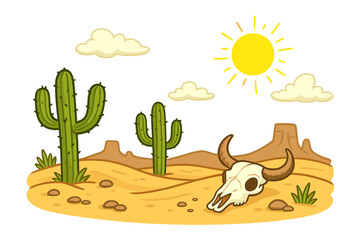 Vector cartoon desert landscape with saguaro cacti and bull skull. Western movie scene from Arizona or Mexico. Hot arid environment with sun, sand dunes, and mountains.