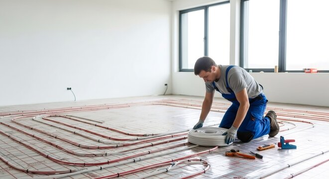 Man installer working on underfloor heating system. Plumber installing pipe for radiant heater. New apartment, home construction concept.