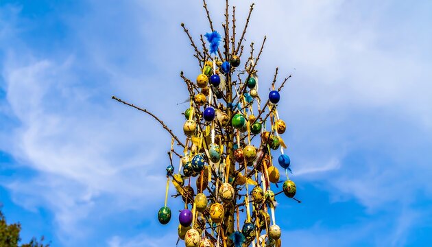 Vibrant easter egg decorated tree against a serene blue sky backdrop creating a festive springtime