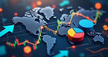 A world map overlaid with financial graphs, pie charts, and rising arrows, symbolizing global market analysis, international economic trends, and worldwide business expansion.