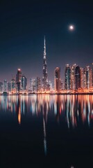 Night city skyline reflected in water, blurred lights