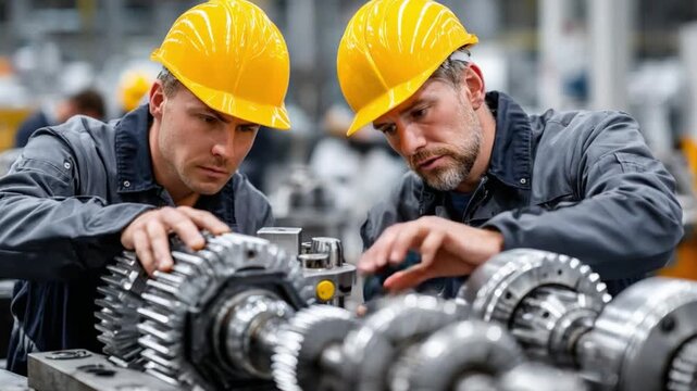 Industrial Precision: Two skilled technicians meticulously inspect a complex piece of machinery, showcasing expertise and dedication in a bustling factory environment.