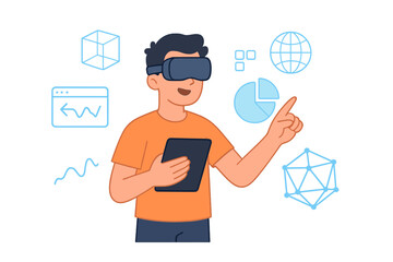 Man in VR headset explores augmented reality. Interactive data visualization with virtual elements. Future technology, metaverse simulation concept. User experience vector cartoon.