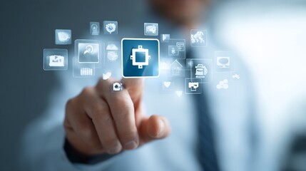 Fototapeta premium Person interacting with digital interface, touching a virtual screen