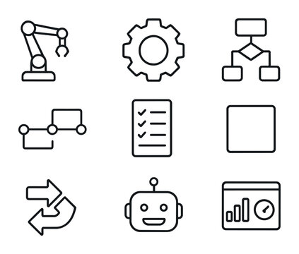 Workflow Automation Icons. Outline icon set of workflow automation: robotic arm, gear, flowchart, timeline,