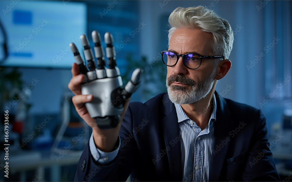 Poster robotics engineer holding robotic hand artificial intelligence
