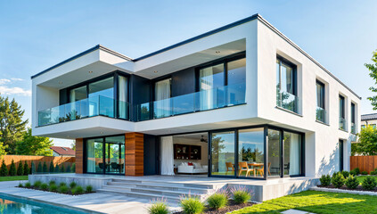 Fototapeta premium Modern luxury villa with a pool and a large garden on a sunny day