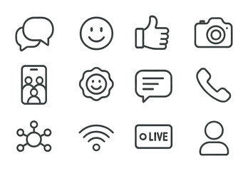 Youth Communication Icons. Outline icon set of youth communication: chat bubbles, emojis, like button, selfie