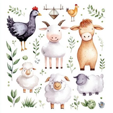 farms animal set mill. Cute domestic pets watercolor illustration. horse and goose. ranchp pig design with goat. rooster chicken and sheep cow. Charming countryside fauna artwork. adorable