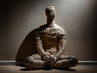 Minimalist photo of seated figure for teaching self-awareness and healing
Wrapped person in light beam promoting mindfulness and emotional growth