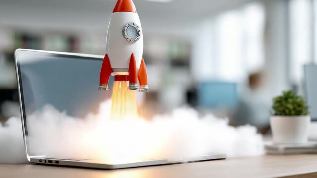 Digital Ascent: A miniature rocket takes flight from a laptop, symbolizing innovation, launching, and the transformative power of technology.