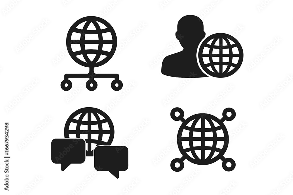 Poster global communication icon set. network and connection symbols for business solutions. worldwide web,