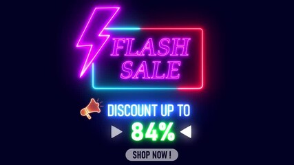 Neon glowing shopping banner, clearance flash sale promo, purple and blue design showing 84 percent discount, vibrant media marketing tool,