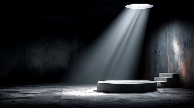 Elegant minimalist stage featuring a bright spotlight, wide empty space with a dark background ideal for creating promotional material, presentation slides, or creative event design concepts.