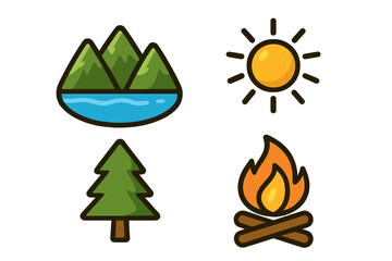 Nature icons set for outdoor adventure and summer camping. Vector symbols of mountain, lake, sun, forest tree and campfire. Flat cartoon illustration for hiking and travel.