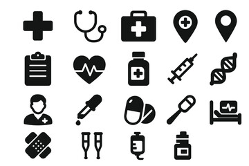 Healthcare medical solid icon set. Hospital tools, equipment collection. Vector glyph symbols for clinic, doctor, pharmacy, first aid, emergency. Medicine pictograms.